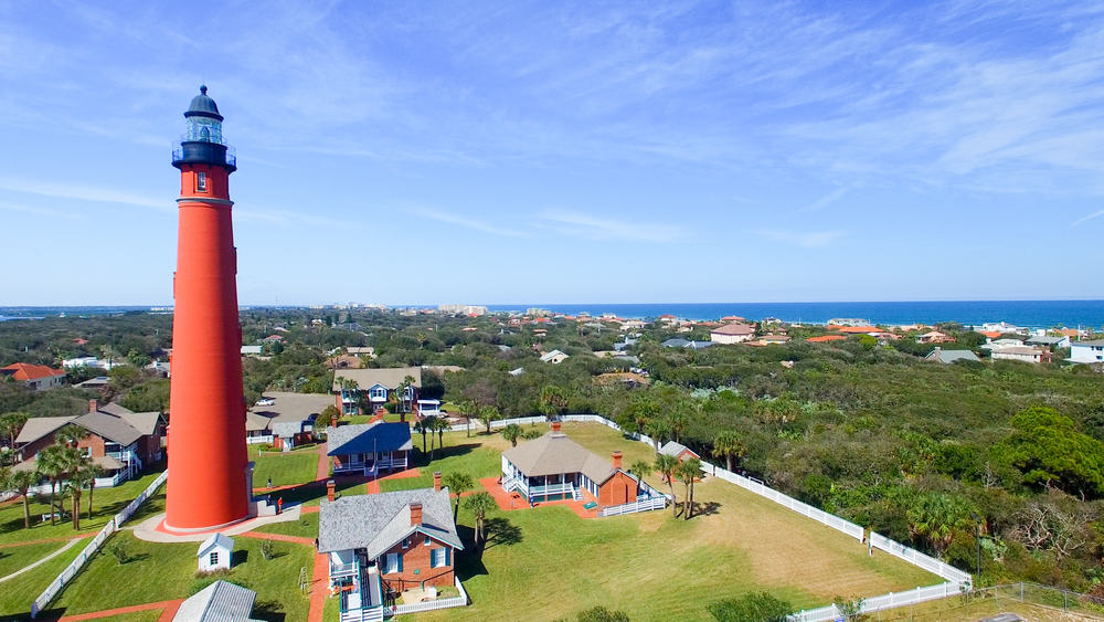 Aerial view of the Ponce Inlet Lighthouse, the tallest in Florida, and the museum.