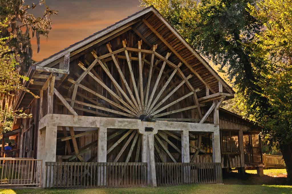 A rustic watermill stands in De Leon Springs State Park.