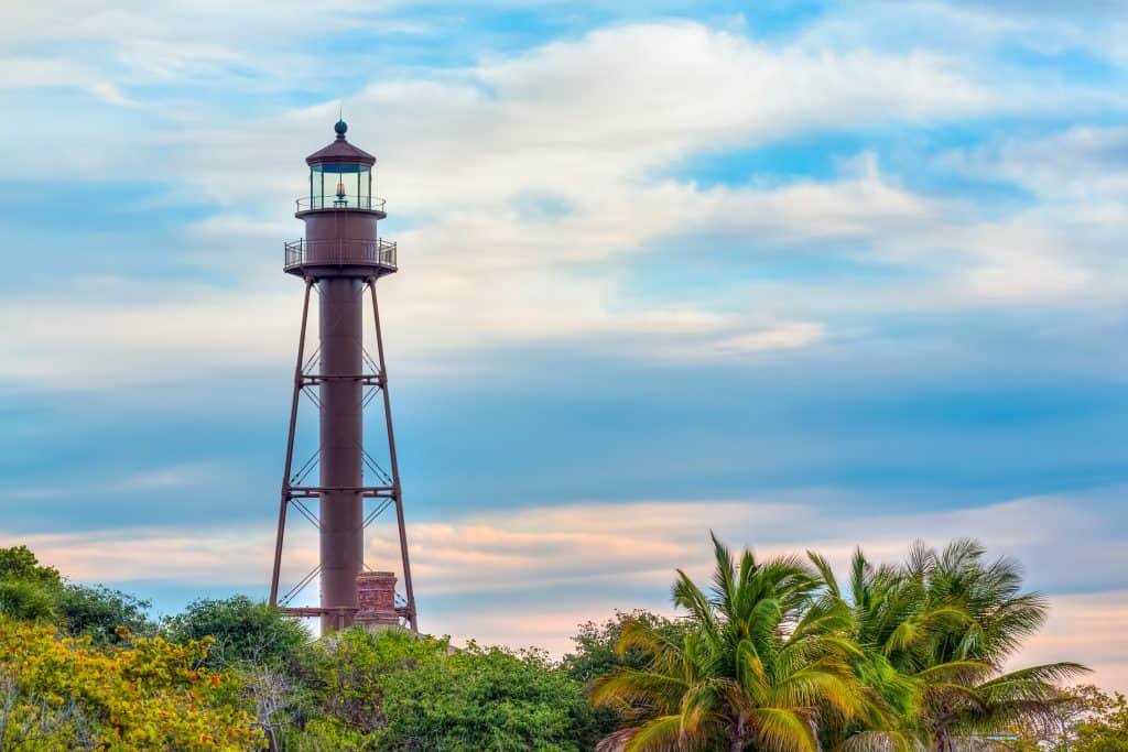 The Sanibel Lighthouse stands on the east tip of the island surrounded by beautiful beaches in Fort Myers, Florida.