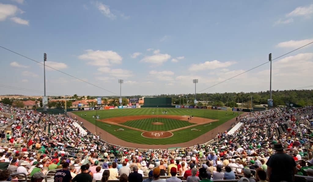 Crowds attend a Spring Training game at Hammond Stadium in Fort Myers, Florida.