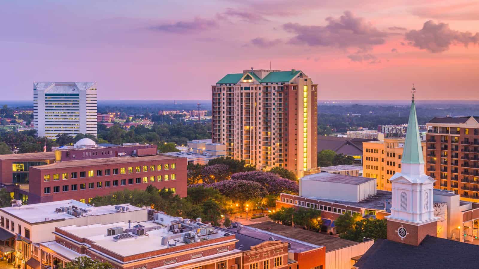 The downtown Tallahassee Skyline at dusk.