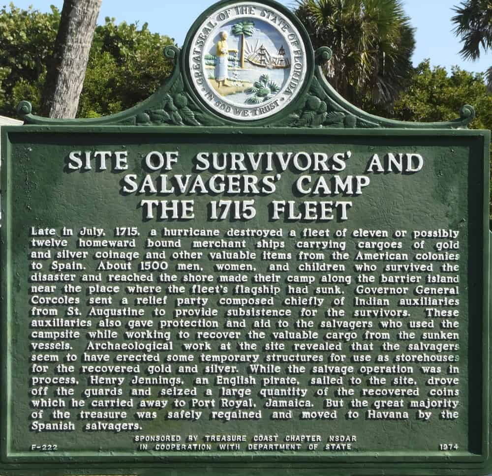 A heritage marker sign tells of the Site of Survivors' and Salvagers' Camp of the 1715 fleet, where a fleet of Spanish ships lost their treasure during a hurricane. Visiting the McLarty Treasure Museum, where the treasure and artifacts are on display, is one of the best things to do in Vero Beach.