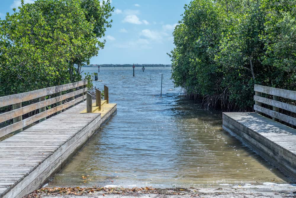 A boat ramp with wooden platforms on either side at the Oslo Riverfront Conservation Area, part of the Indian River Lagoon.