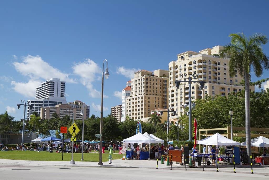 The vendors of the Green Market lining Clematis Street, one of the best things to do in West Palm Beach.