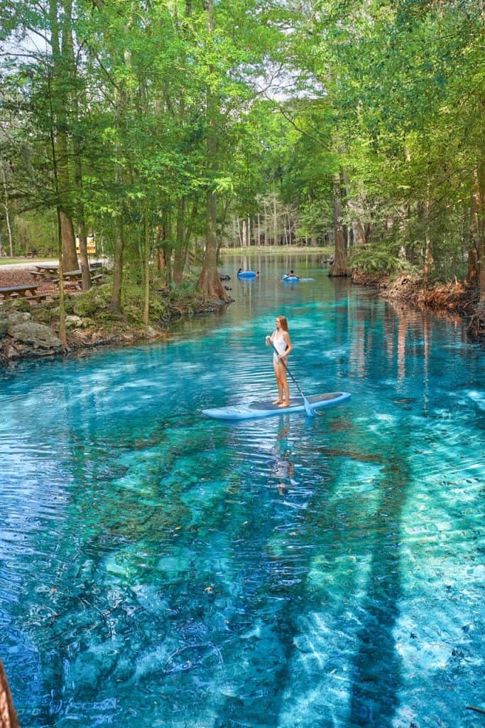 Woman stand up paddle boarding at Ginnie Springs.