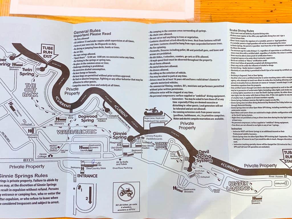 Photo of a paper map of Ginnie Springs.