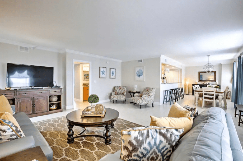 The expansive living area in the Oceanfront Pool Condo.