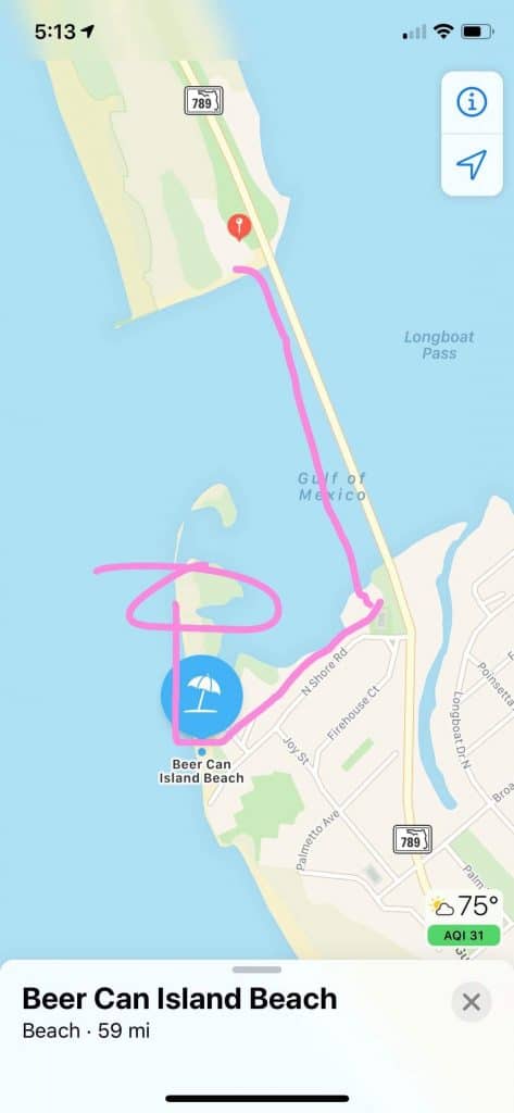 map of directions to beer can island in Sarasota