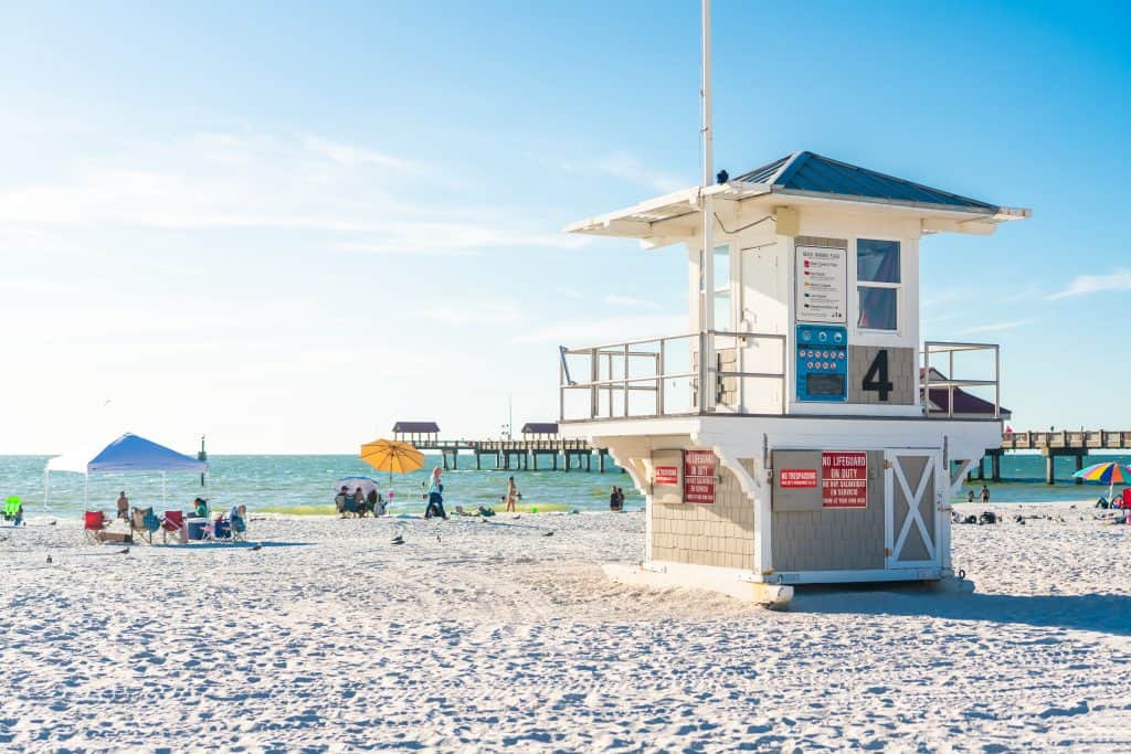 A lifeguard stand watches over the sands of Clearwater Beach, one of the best family beaches in Florida.