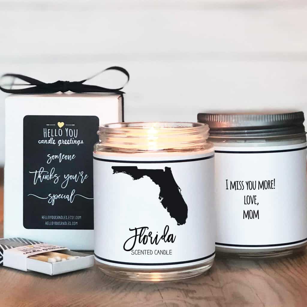 Photo of a candle with the state of Florida on the label, one of the best Florida gifts and souvenirs. 