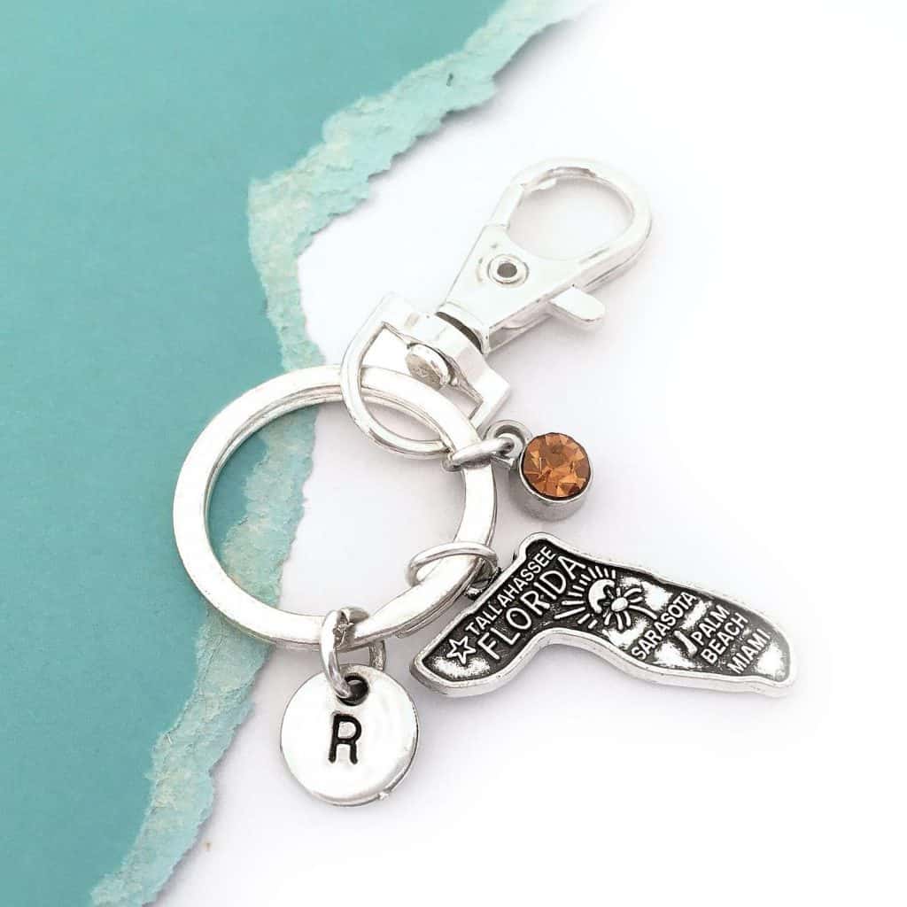 Close up of a Florida keychain, one of the best customizable Florida gifts and souvenirs. 