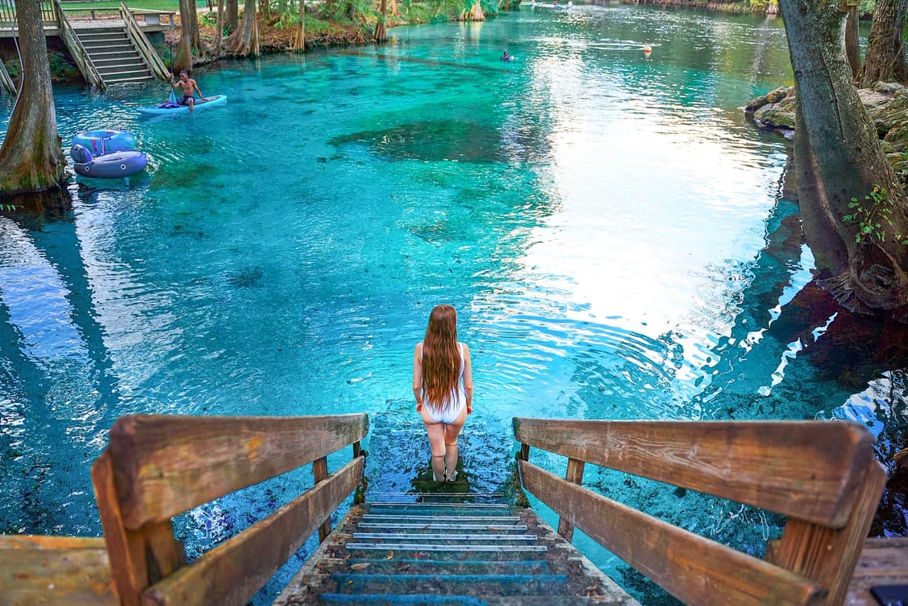 walking down into one of the prettiest springs in Florida