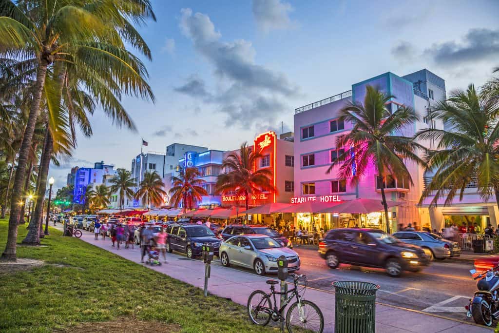 Ocean Drive glitters at night in Miami, Florida.