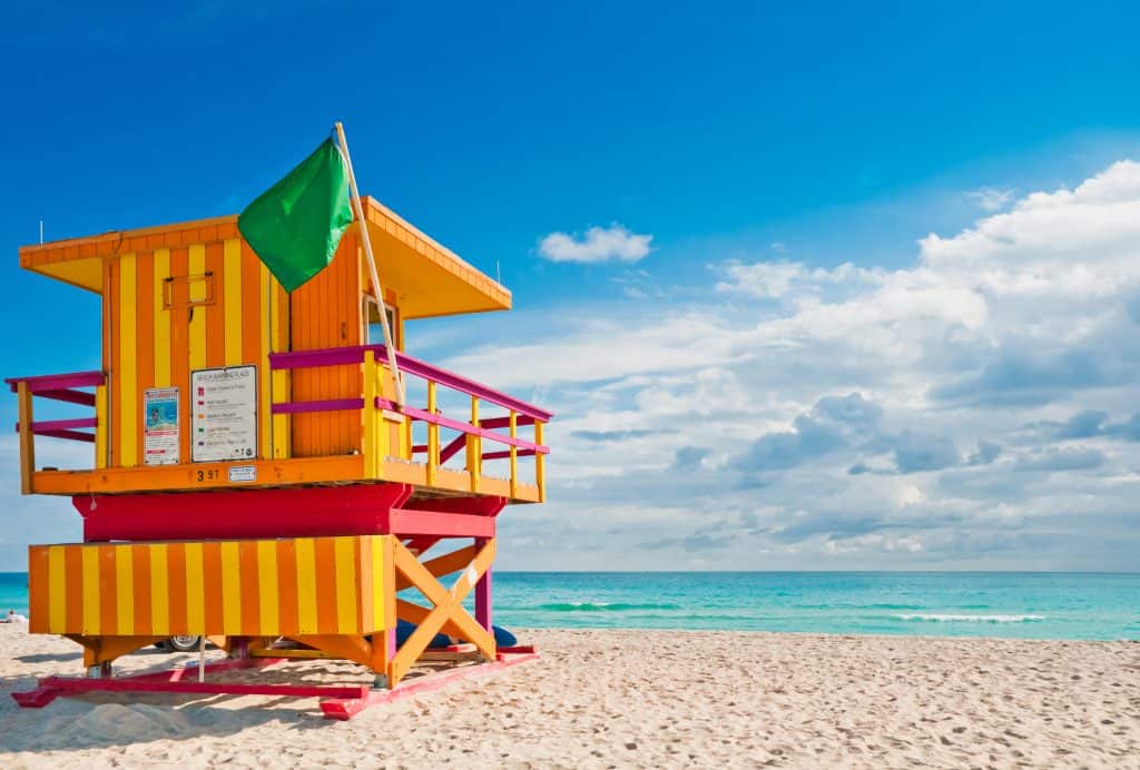 A brightly colored lifeguard stand in South Beach, one of the best free things to do in Miami Florida.