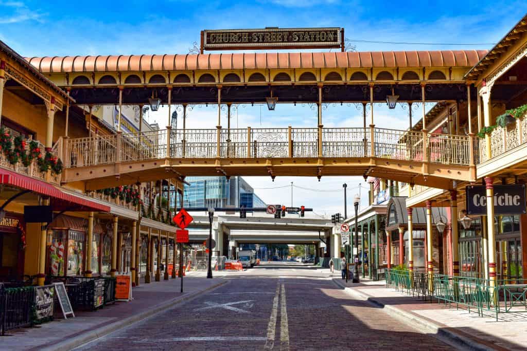 The walkway over the historic Church Street District in Orlando, Florida.