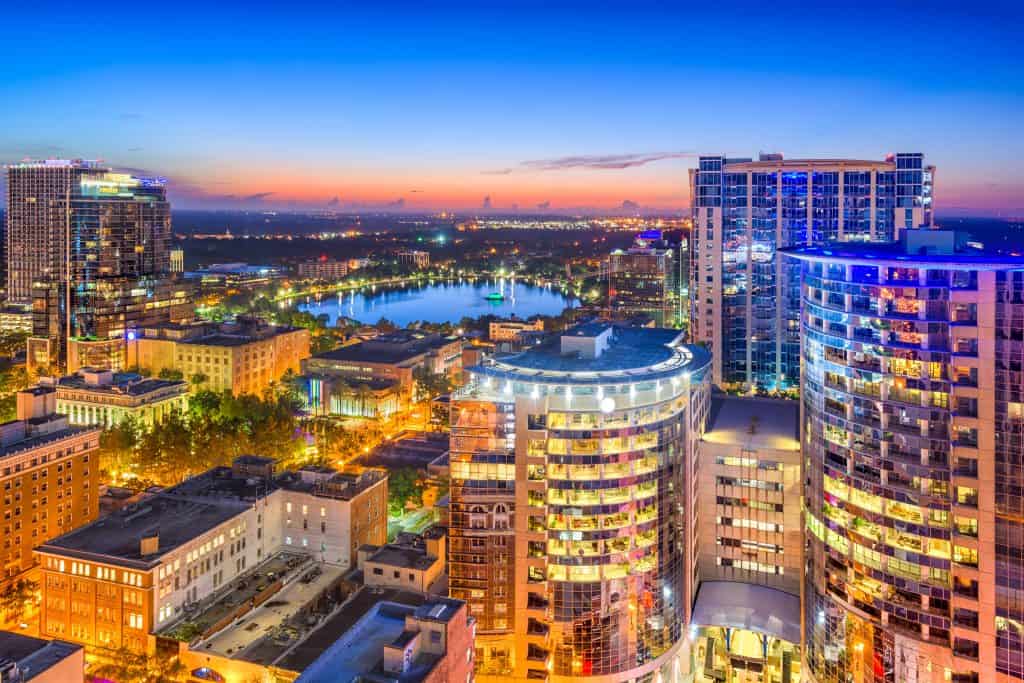 Downtown Orlando at dusk.