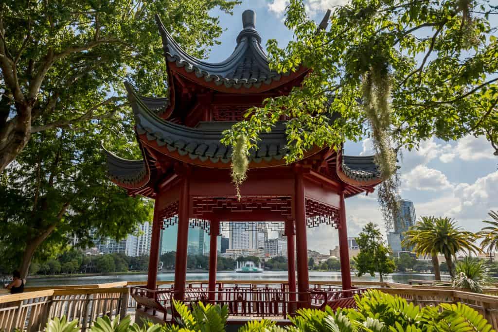 A pagoda in the middle of Lake Eola Park, one of the best places to relax in Orlando.