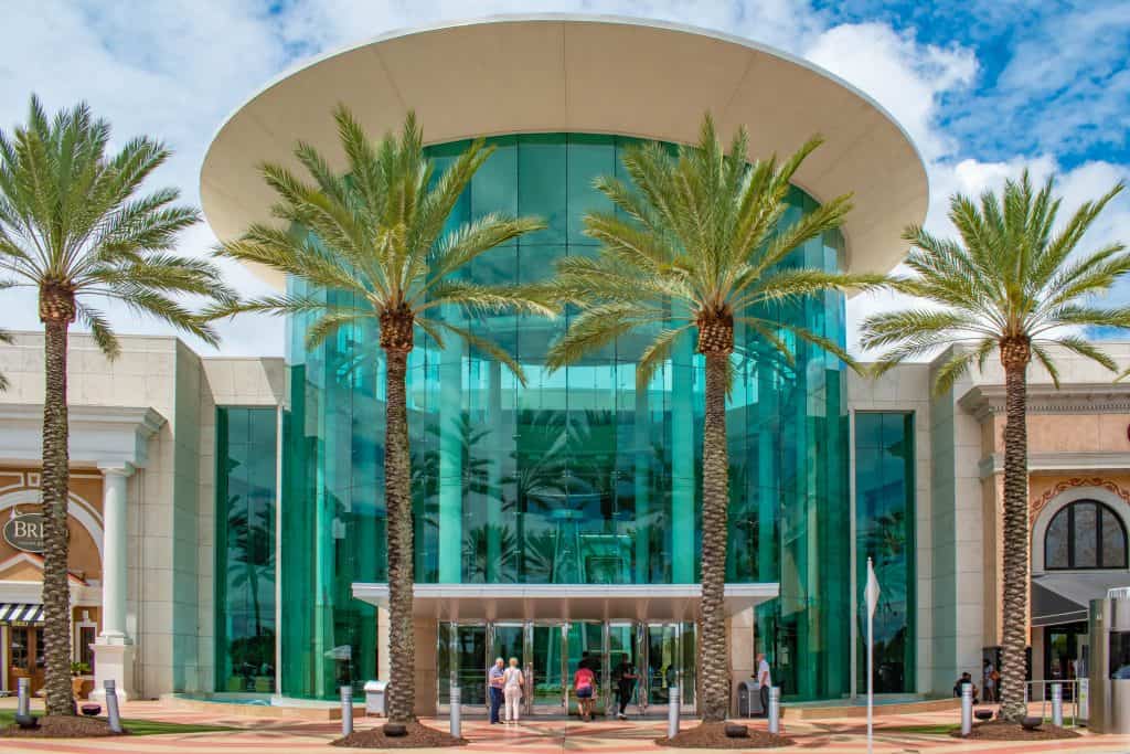 The beautiful glass entrance to the Mall of Millenia in Orlando, Florida.