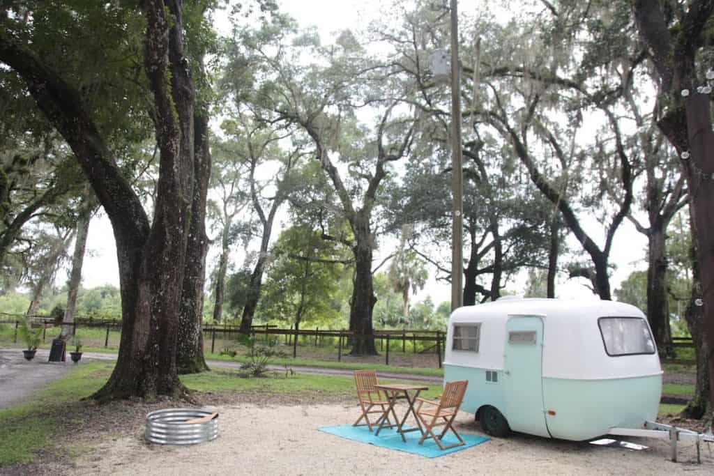 Check out this vintage camper that sleeps two at Enchanted Farms.