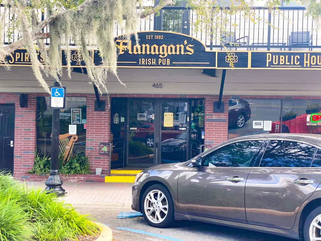 The welcoming entrance to Flanagan's Irish Pub.