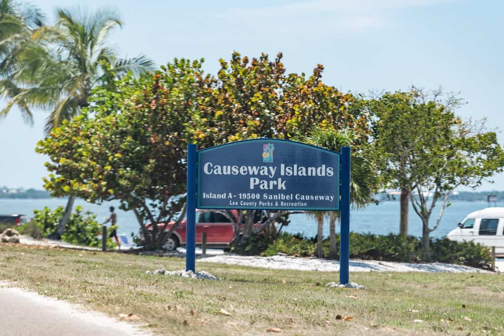 A sign welcomes visitors to the Causeway Islands Park, which houses some of the best beaches in Sanibel.