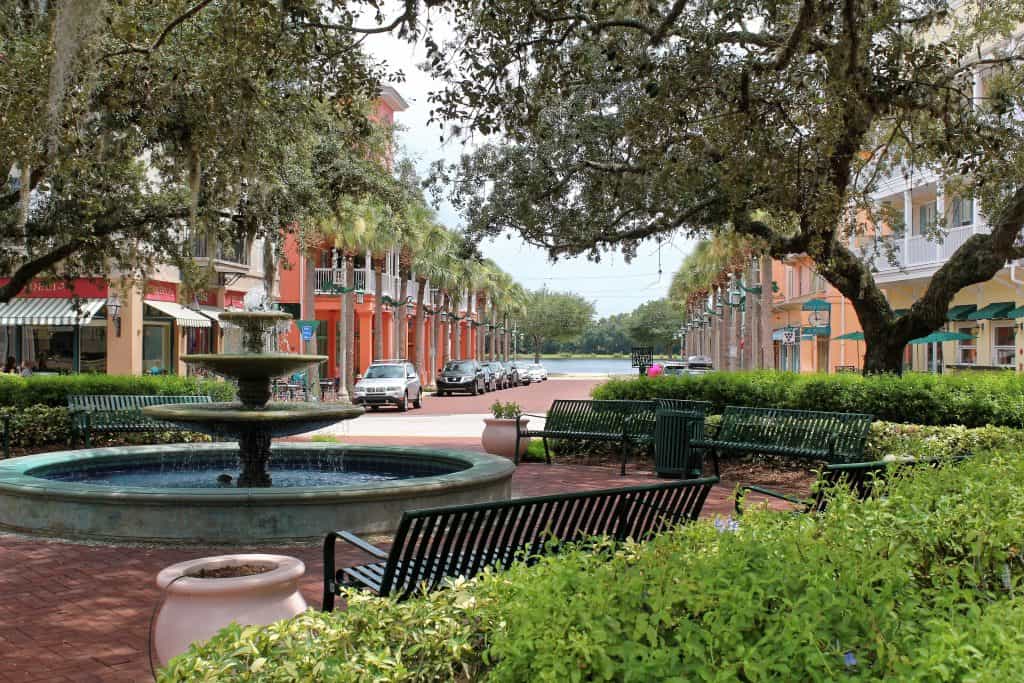 A small fountain sits in the town plaza at Celebration, Florida, formerly owned by Walt Disney World. 