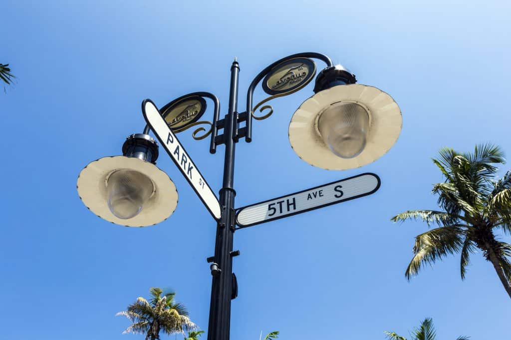 The intersection of Park and Fifth Avenue South, one of the best shopping destinations in the Marco Island area. 