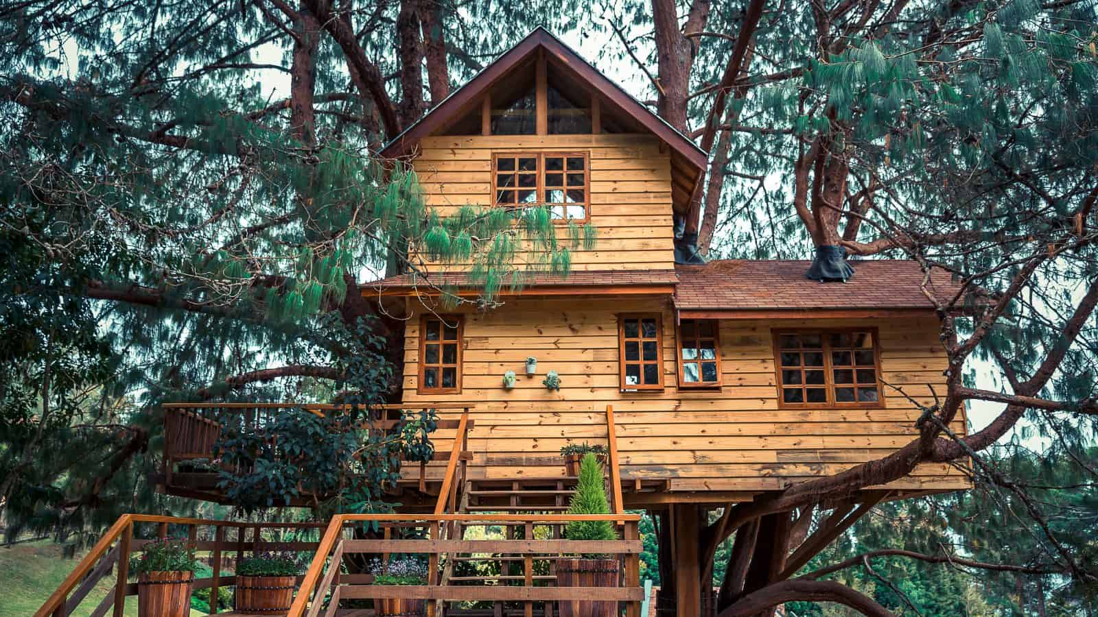 A beautiful treehouse sits in the woods.