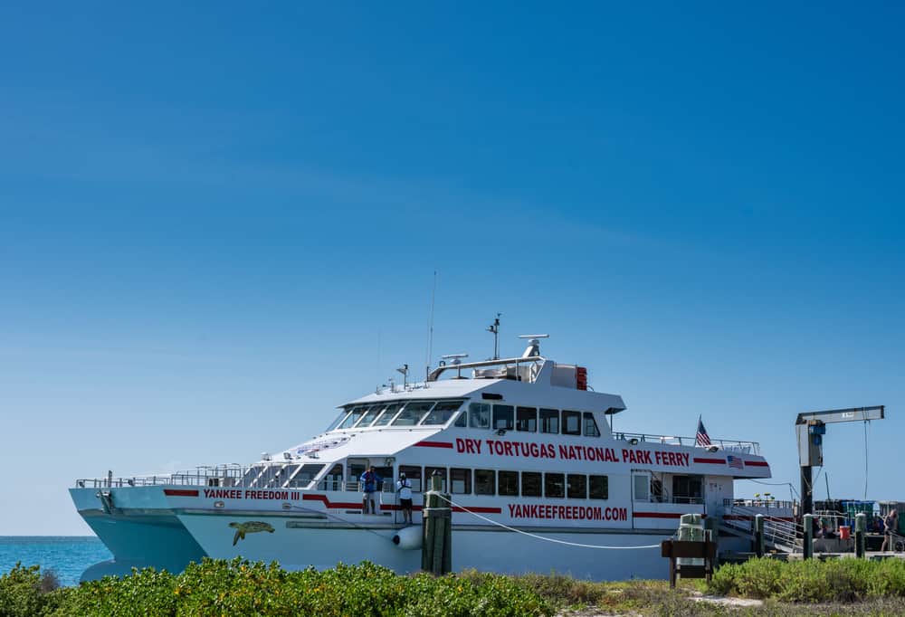 The ferry parked at the dock on a clear day.