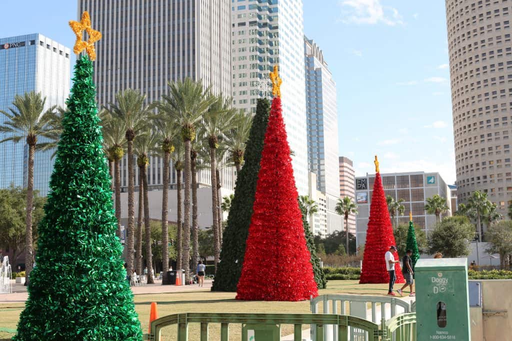 An array of Christmas trees downtown welcome guests to celebrate Christmas in Tampa.