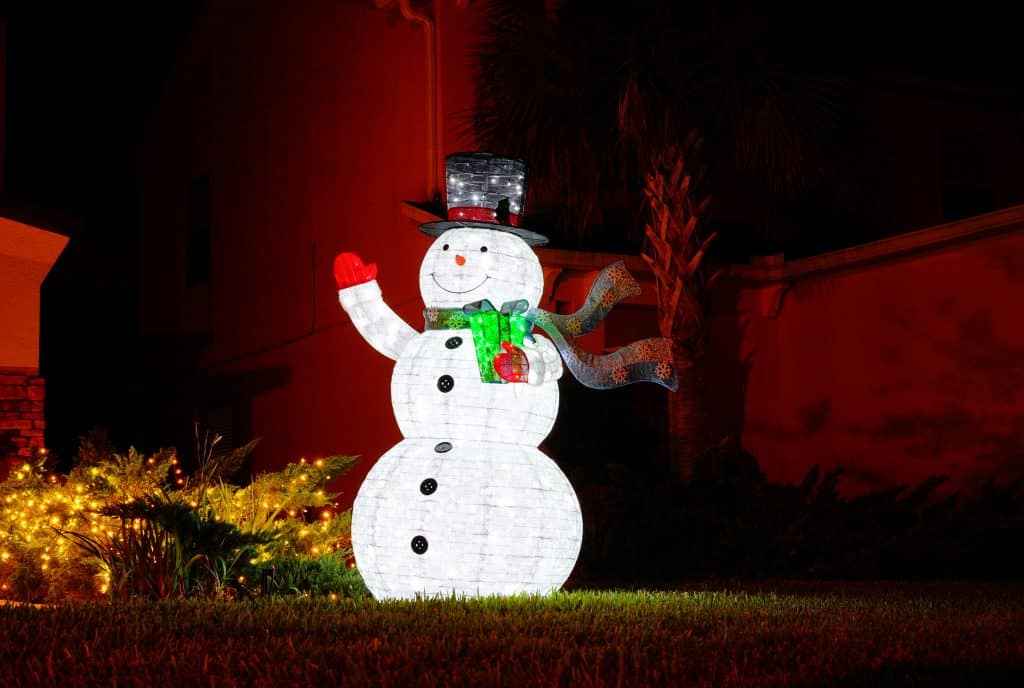 A lit snowman greets guests to celebrate Christmas events in Tampa