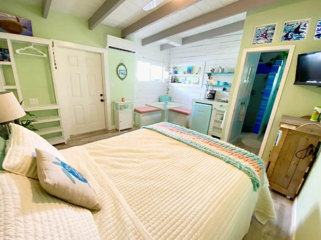Photo of the main living space inside a beachy Airbnb in Florida.