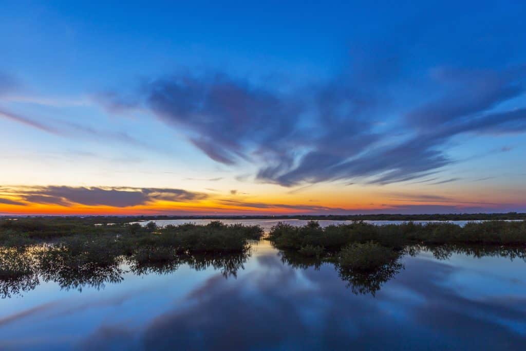 The sun sets on the Merritt Island Wildlife Refuge, perfect for bioluminescent kayaking in Florida.