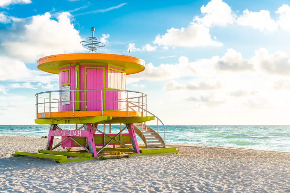 An iconic lifeguard tower on South Beach an Florida East Coast Beaches