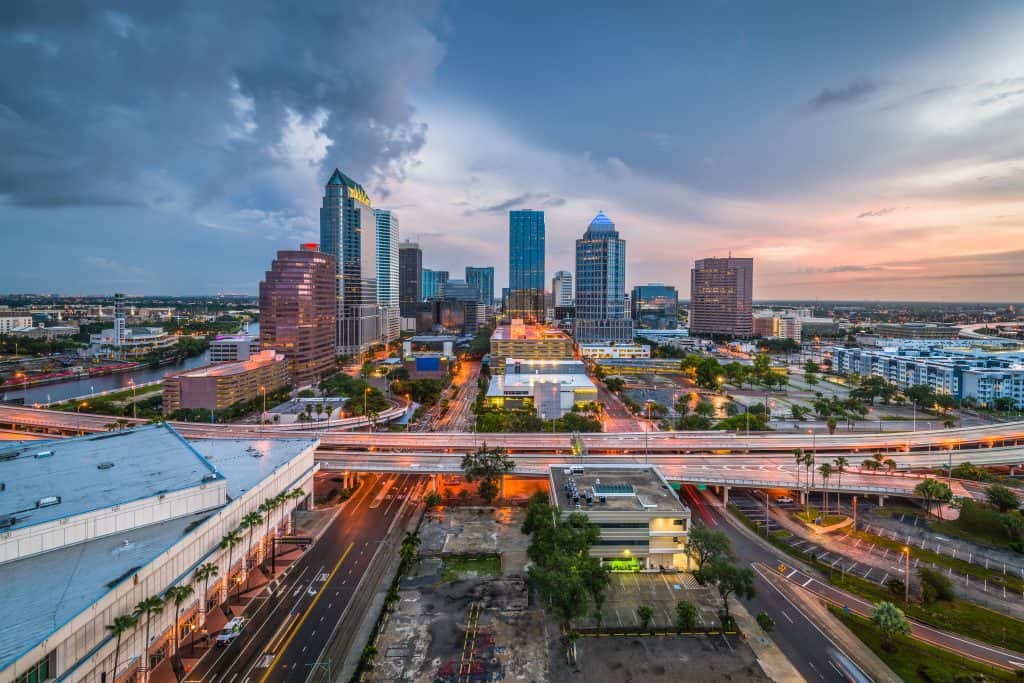 The Tampa skyline as the sun slowly sets on the horizon.