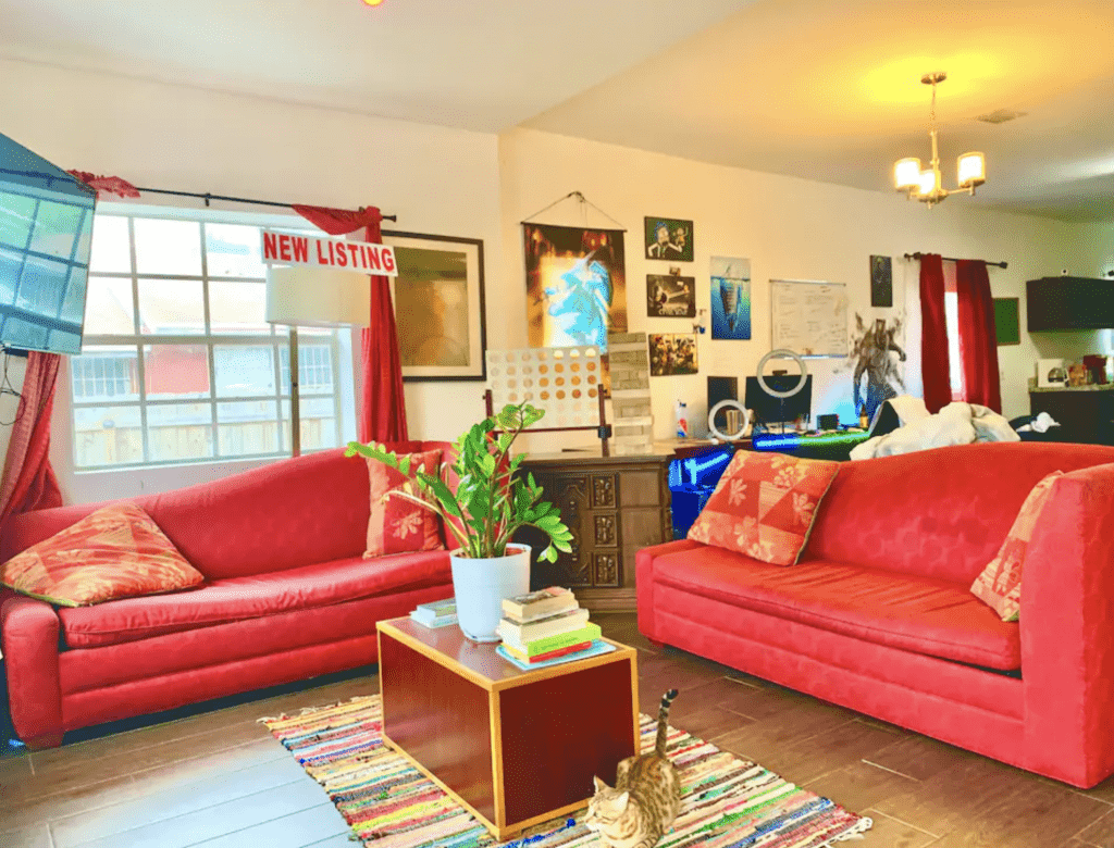 The bright and colorful living space of the Miami Vibes Airbnb, one of the best places to stay in Miami.