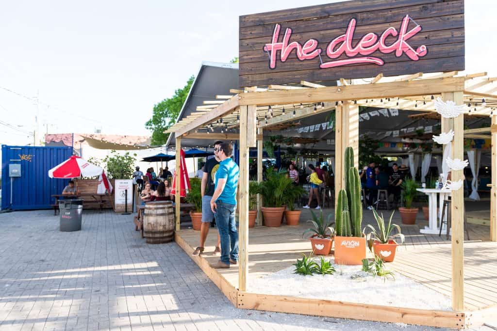 The patio of the Deck, in the art district, decked out with lights and succulents.