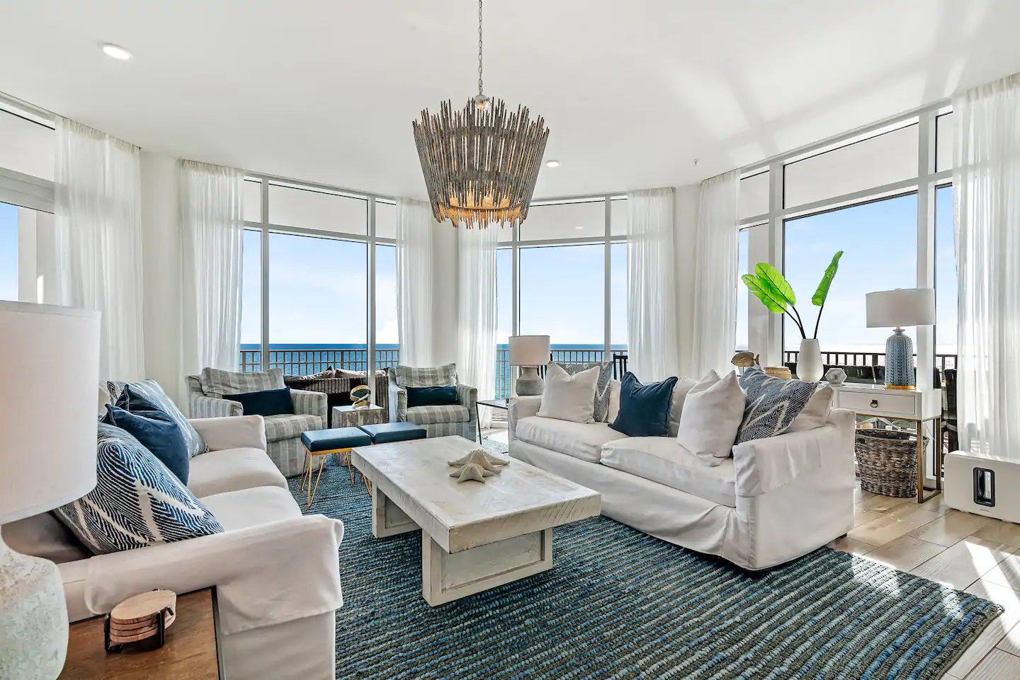 Photo of the living room inside a luxury condo Airbnb in Florida. 