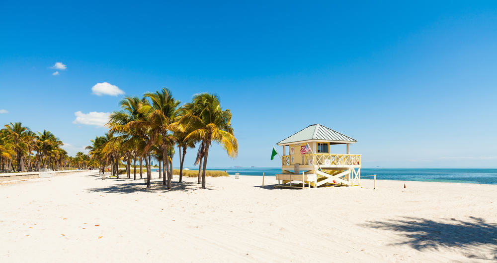 The beautiful Key Biscayne Beach and a lifeguard tower