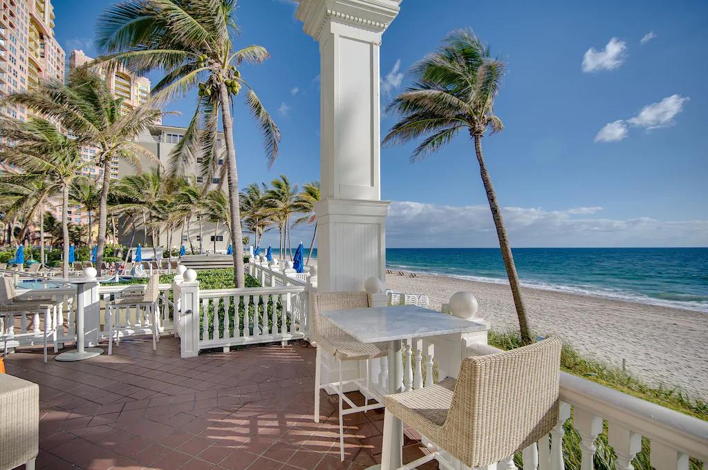 Photo of the veranda at a beach-front resort in Florida. 