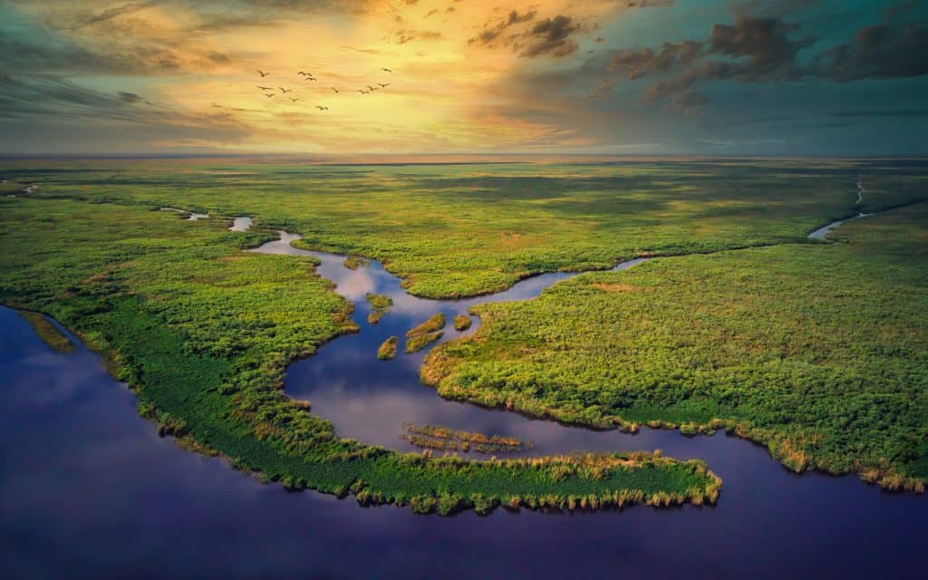 The waterways of the Everglades shimmer in the sunset.