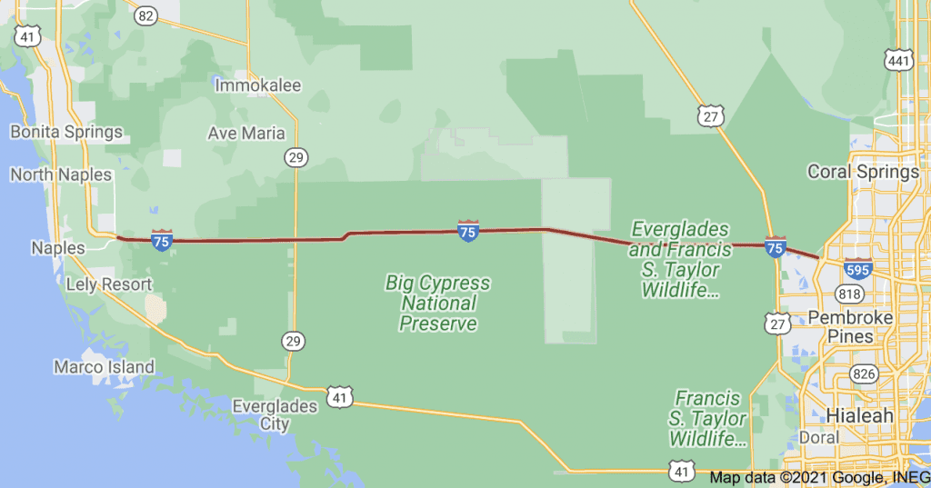 Detailed map of Alligator Alley in florida showing where you will drive
