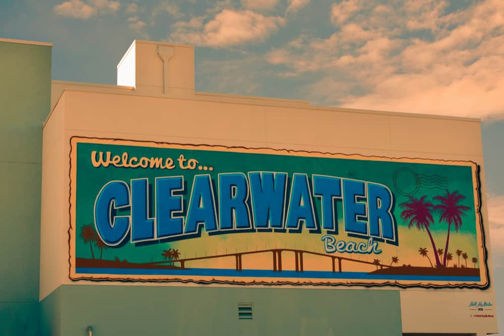 Welcome to Clearwater Beach sign painted on the side of a building