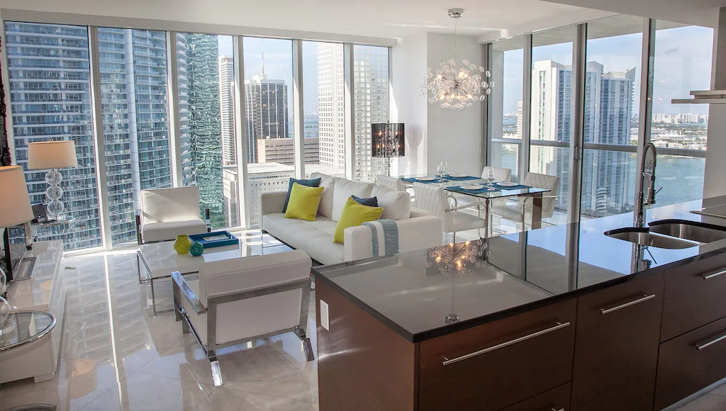 The interior of the hi-rise condo is chic and well-appointed