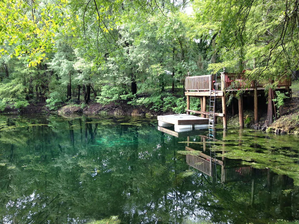 The Unique Waterfront Tiny Cottage is reflected in the waters of the Suwannee River