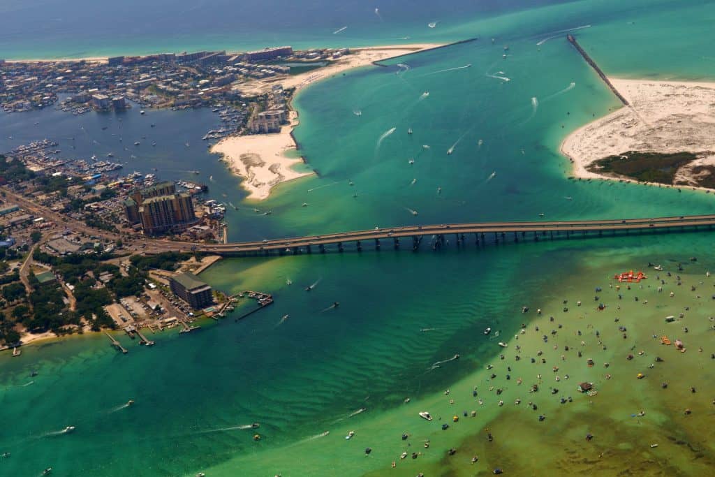 An aerial shot of Destin Harbor and Crab Island.