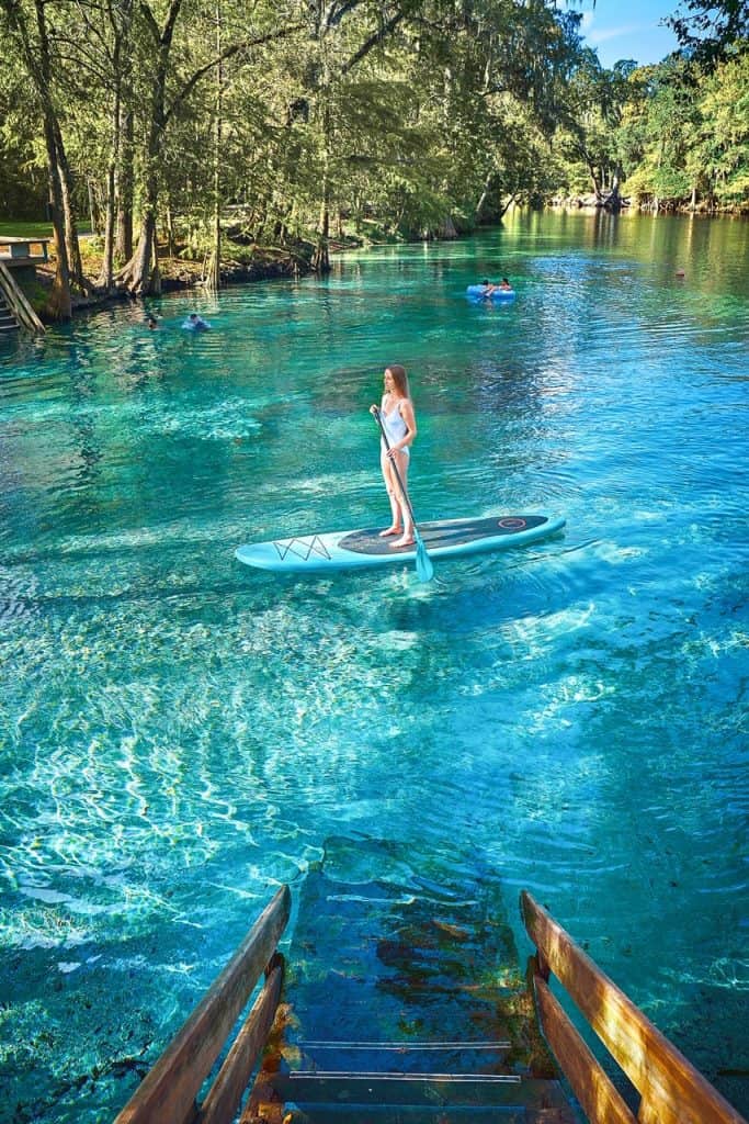 A girl in a white bathing suit, on a stand up paddle board at Ginnie springs with trees in the background.