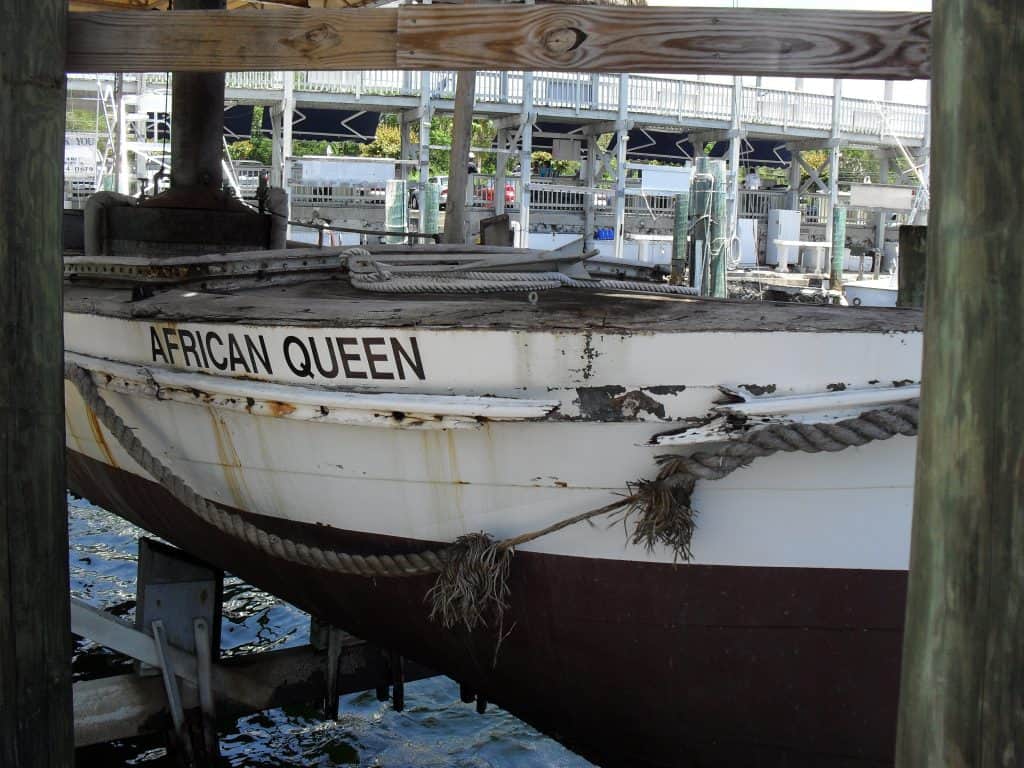 The African Queen sits at a dock in Key Largo.