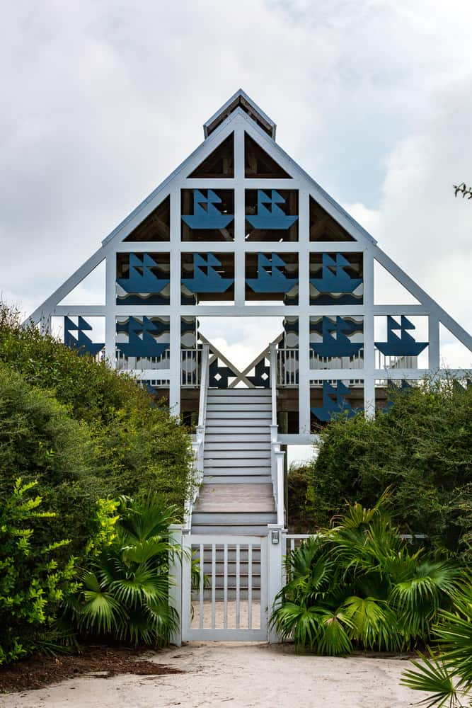 One of the Seaside beach pavilions, an A-frame wooden pavilion with ship-shaped cutouts.