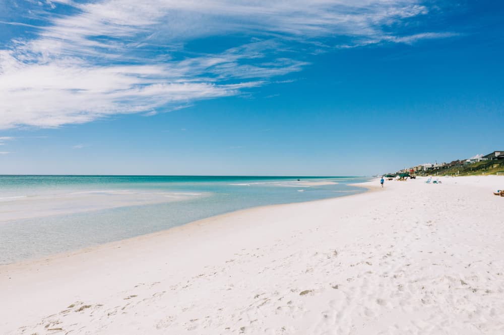 white sugar sand stretching into blue waters at Rosemary Beach Florida